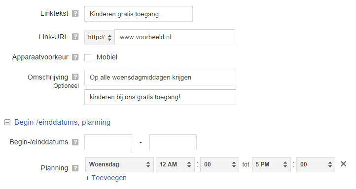 Voorbeeld van het plannen van sitelinks in Google Ads